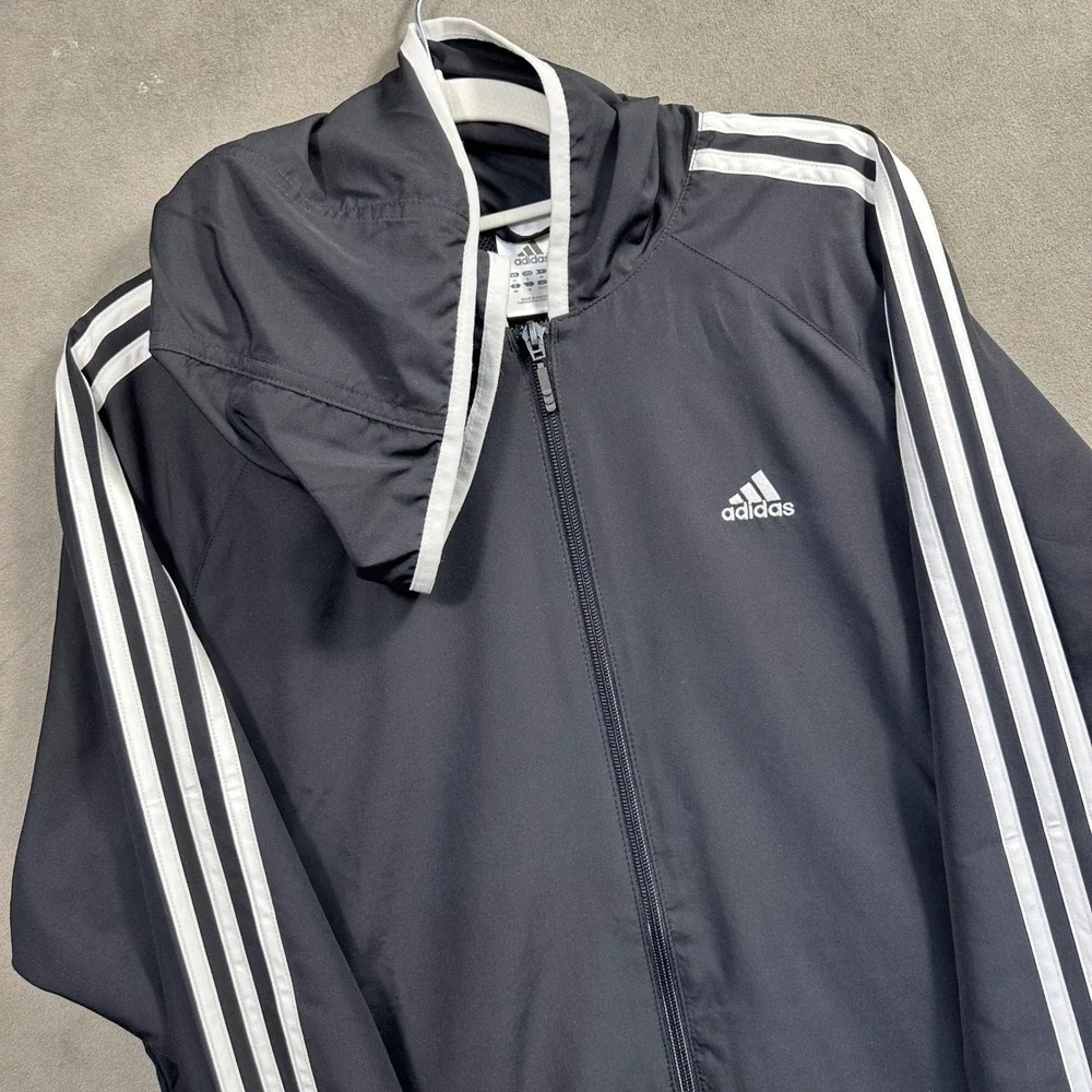Adidas Track Jacket Mens Large Black White 3-Stripe Hooded Full Zip Excellent - Picture 2 of 7